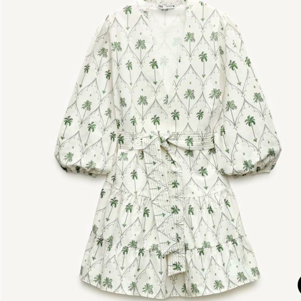Zara White and Green Palm Print Dress with tie belt